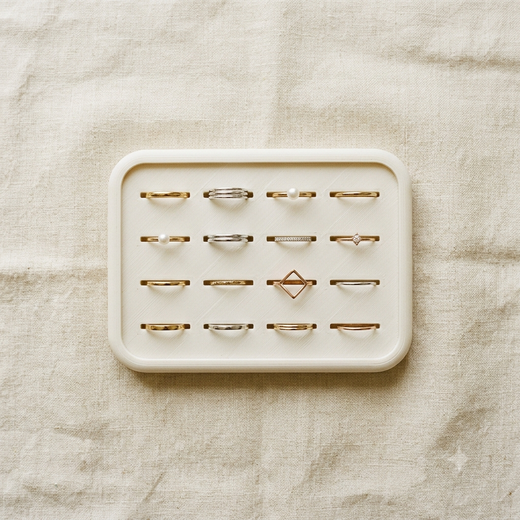 A cream-colored rectangular ring display tray holding 15 minimalist rings in silver, gold, and rose gold tones, arranged on a textured beige linen fabric background.