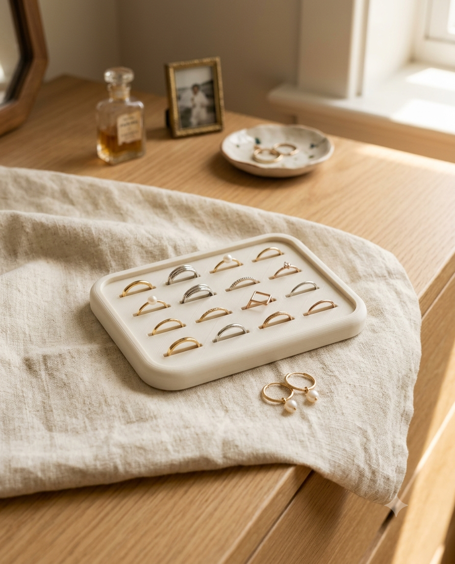 A cream-colored rectangular jewelry organizer tray holding multiple gold and silver crescent ring holders, styled on a beige linen cloth on a wooden table with soft natural light.