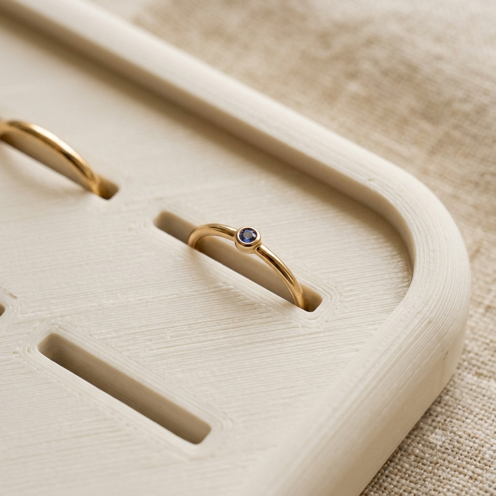 A delicate gold ring with a small round dark blue gemstone, displayed in a slot of a light beige wooden jewelry stand on a textured linen surface.
