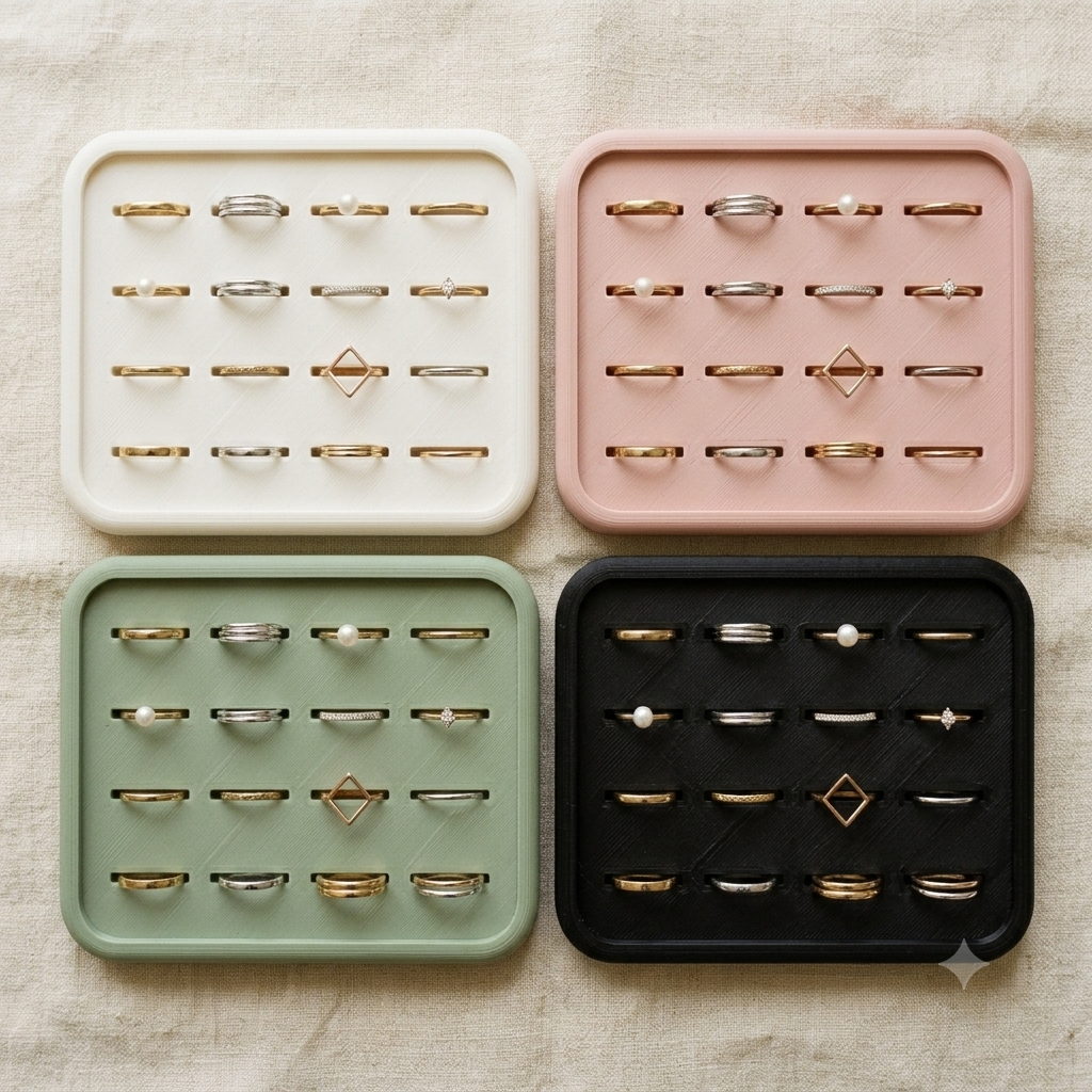 Four square ring display trays arranged in a 2x2 grid on a beige fabric background. The trays are cream, dusty pink, sage green, and black, each holding multiple gold and silver rings.