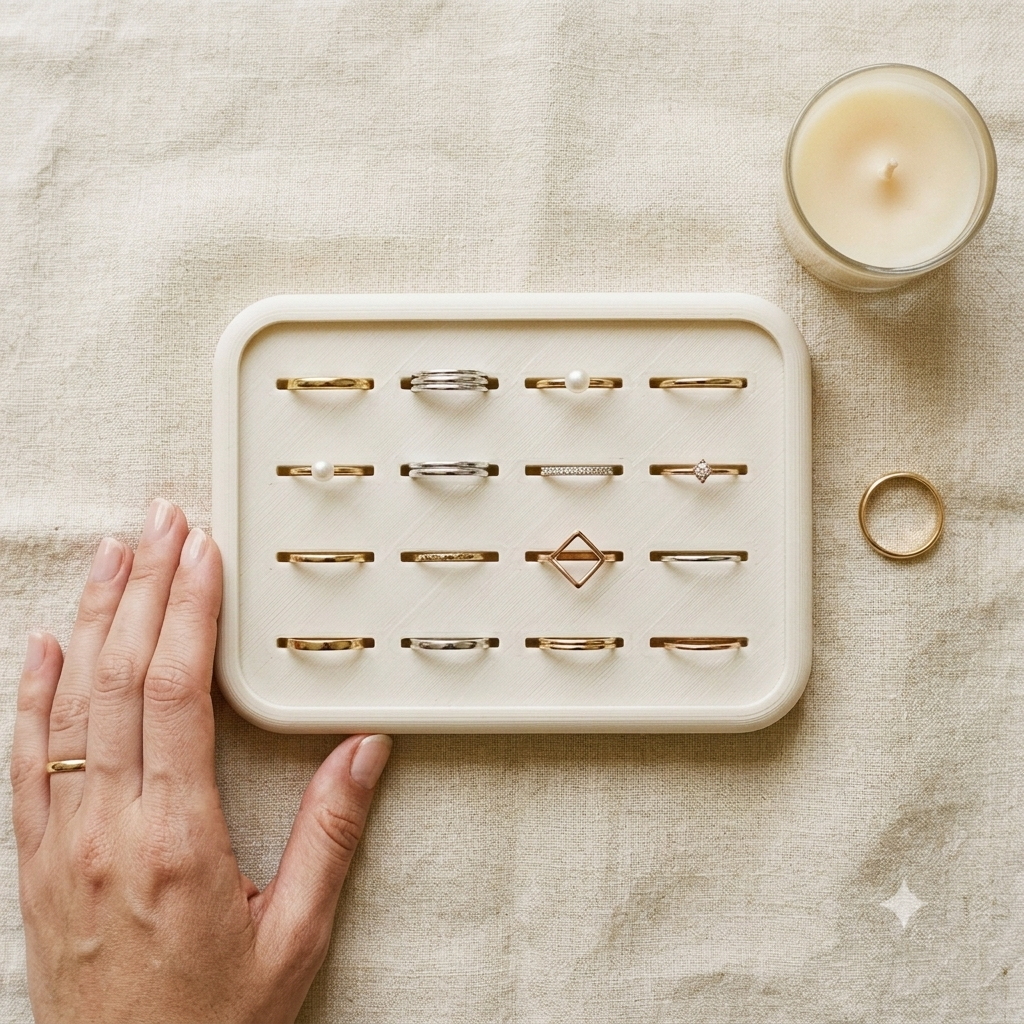 A hand rests beside a cream-colored ring display tray holding multiple gold and silver rings, with a lit candle and a single loose ring on a beige linen surface.
