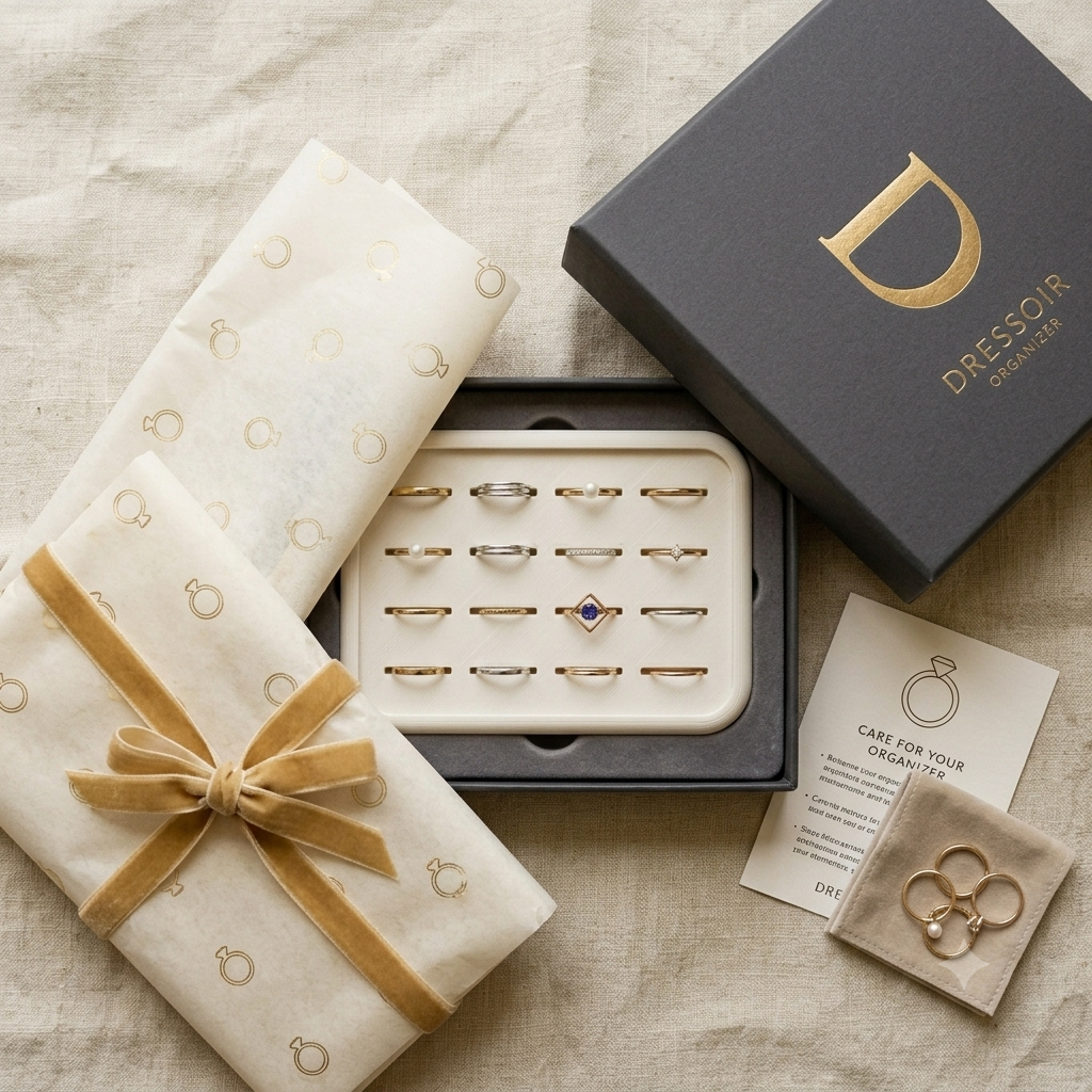 A jewelry gift set from Dressoir by Daniel, featuring multiple gold rings displayed in a tray, wrapped in cream gift paper with gold ring motifs and a gold ribbon, alongside a black branded box and care card on a linen background.