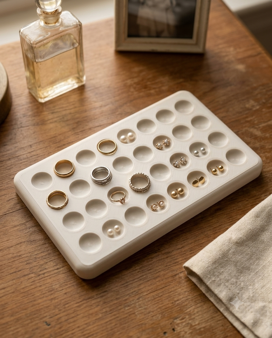 A white rectangular ring and stud jewelry organizer tray with multiple circular wells, shown on a wooden tabletop with several rings and earrings placed inside. A perfume bottle, framed photo, and folded cloth are visible in the background.